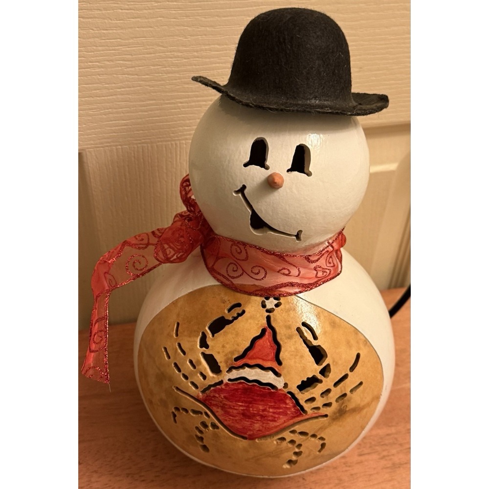 Vtg Light Up Snowman Gourd W/ Crab Wearing Santa Hat Cut Out Hand Painted 12"